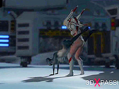 Hot sex on th exoplanet! An alien gets fucked by a spacewoman in spacesuit with strapon