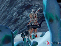 Hot sex on th exoplanet! An alien gets fucked by a spacewoman in spacesuit with strapon