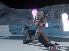 Hot sex on th exoplanet! An alien gets fucked by a spacewoman in spacesuit with strapon