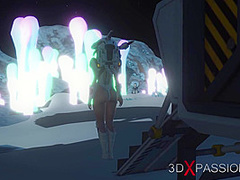 Hot sex on th exoplanet! An alien gets fucked by a spacewoman in spacesuit with strapon