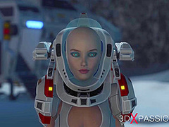 Hot sex on th exoplanet! An alien gets fucked by a spacewoman in spacesuit with strapon
