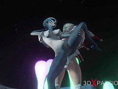 Hot sex on th exoplanet! An alien gets fucked by a spacewoman in spacesuit with strapon