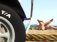 Hot sex! Dune buggy, topical beach and horny sexy brunette