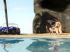 Hot sex! Dune buggy, topical beach and horny sexy brunette