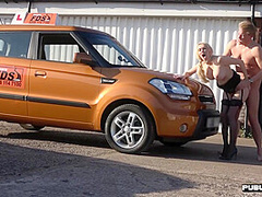 Busty british wife fucks hubby on drivings school car