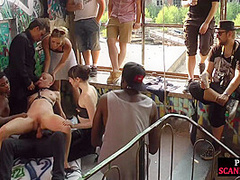 Public slut getting humiliated before bdsm gangbang