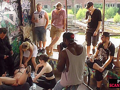 Public slut getting humiliated before bdsm gangbang
