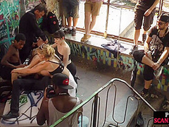 Public slut getting humiliated before bdsm gangbang