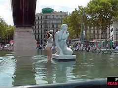 Brunette gets a public group fuck after giving head