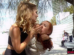 Redhead eurobabe gets spanked in public and fucked after