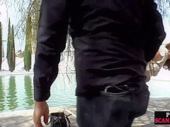 Redhead eurobabe gets spanked in public and fucked after