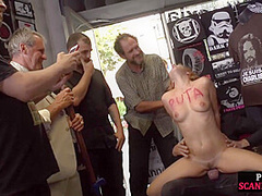 Redhead eurobabe gets spanked in public and fucked after