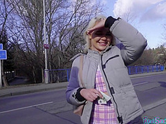 Public pickedup amateur gets her pussy spread by lucky stranger