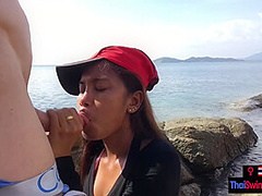 Public blowjob by Asian teen girlfriend for her big dick European boyfriend