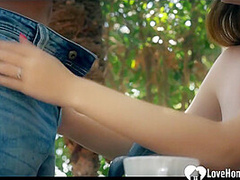 Sensational brunette babe loves the gardener's tool