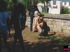 Blonde euroslut having outdoor sex and gives head