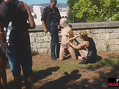 Blonde euroslut having outdoor sex and gives head
