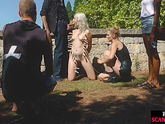 Blonde euroslut having outdoor sex and gives head