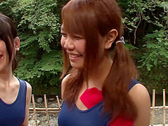 Japanese schoolgirls in swimsuits CFNM handjob harem