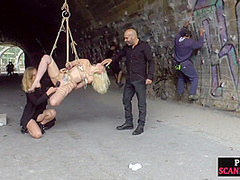 Public spanking of blonde euro babe in ropes getting fucked