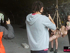 Public spanking of blonde euro babe in ropes getting fucked