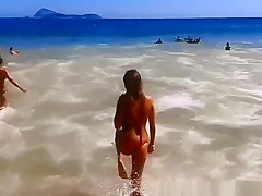 Hot woman from the elevator to the beach