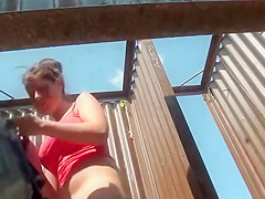 Voyeur sneaks up on her in the cabin