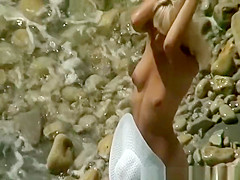 Tight body blonde nudist posing