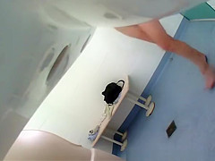 Mature woman enter pool cabin