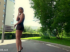 Summer Walk. Jeny Smith walking in public with the transparent dress