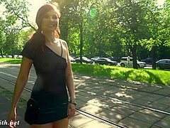 Summer Walk. Jeny Smith walking in public with the transparent dress