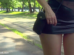Summer Walk. Jeny Smith walking in public with the transparent dress