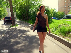 Summer Walk. Jeny Smith walking in public with the transparent dress