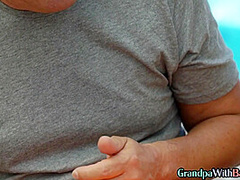 Teenage babe riding senior citizen dick before facial