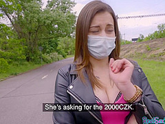 Real busty slut cuts facemask to give head outdoor