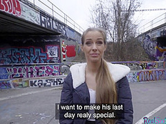 Finish blonde babe gets picked up in public has outdoor sex