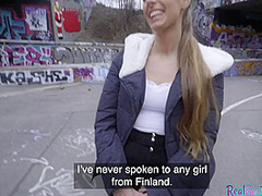 Finish blonde babe gets picked up in public has outdoor sex