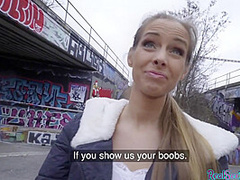 Finish blonde babe gets picked up in public has outdoor sex