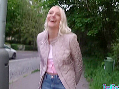 Blonde 25yo cutie gives blowjob to his huge dick in public