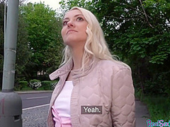 Blonde 25yo cutie gives blowjob to his huge dick in public