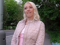 Blonde 25yo cutie gives blowjob to his huge dick in public