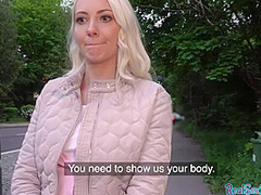 Blonde 25yo cutie gives blowjob to his huge dick in public