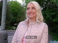 Blonde 25yo cutie gives blowjob to his huge dick in public