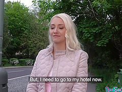 Blonde 25yo cutie gives blowjob to his huge dick in public