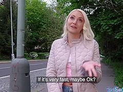 Blonde 25yo cutie gives blowjob to his huge dick in public