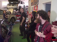 Busty public slut rimming and sucking mechanic cock