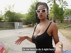 Ebony Tina with huge tits gets fucked in public for money