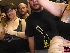 Bound public slut ordered to ride dick in crowded group