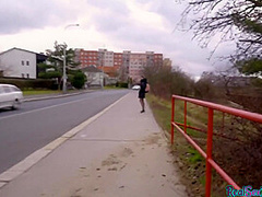 Lonely brunette shows tits before pickup and has public sex