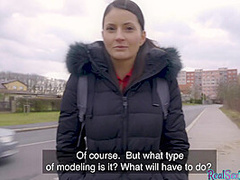 Lonely brunette shows tits before pickup and has public sex